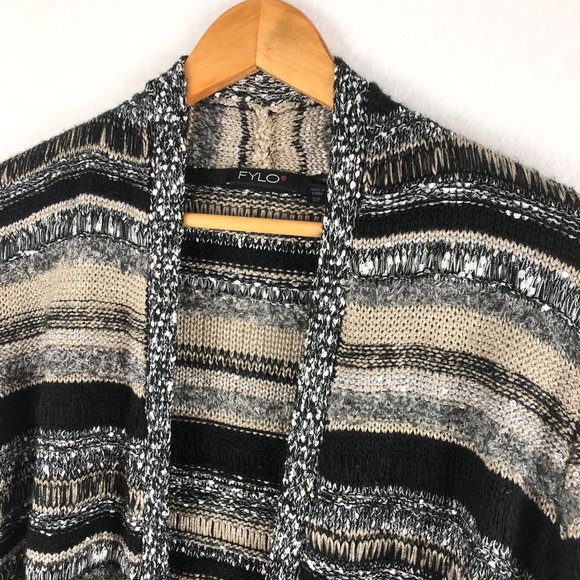Fylo Women's Size Small Black Brown Grey Open Front Knit Sequin Cardigan Sweater - Picture 3 of 7